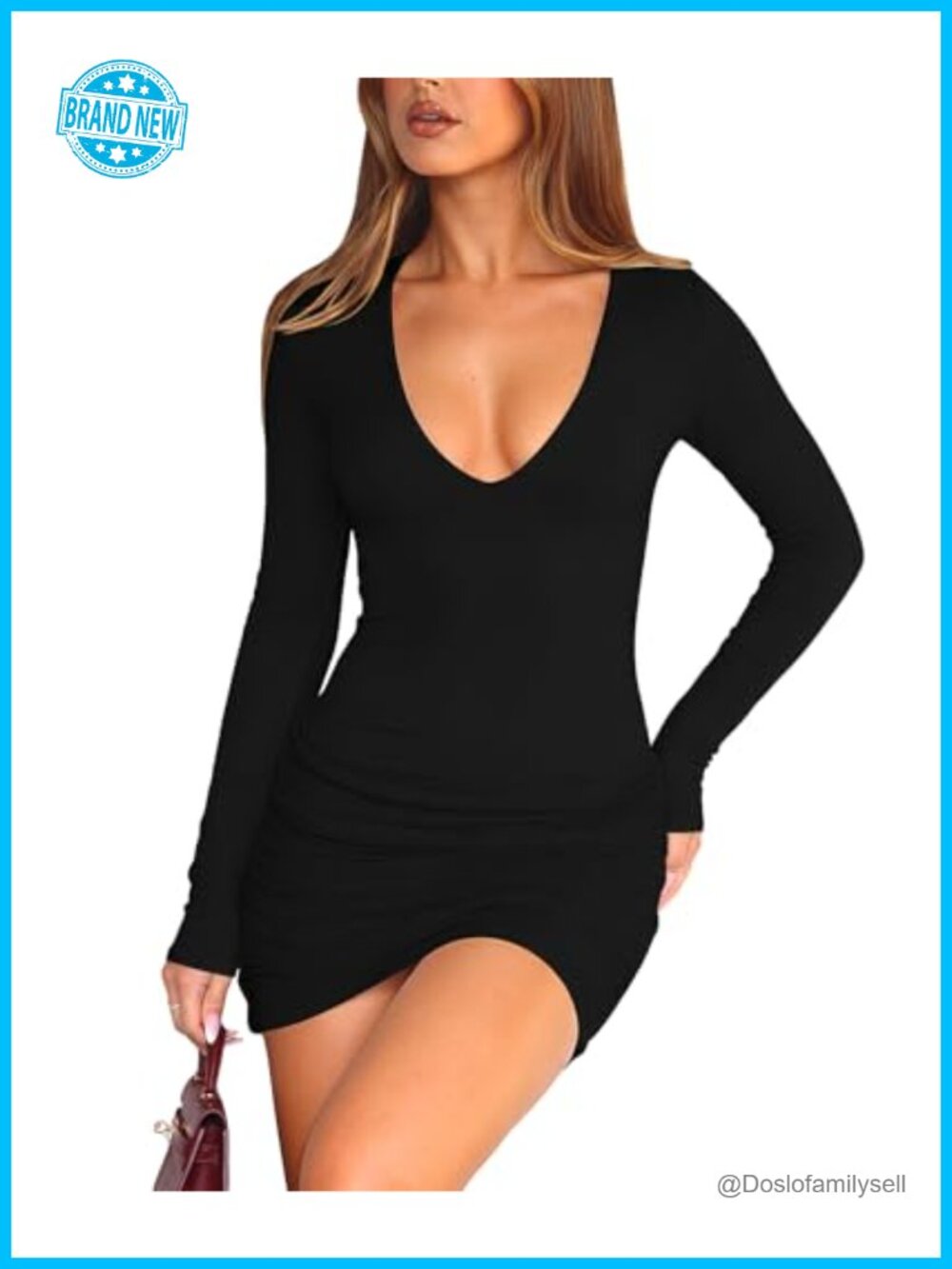 Women Long Sleeve Bodycon Mini Dress Deep V Neck Ruched Club Party